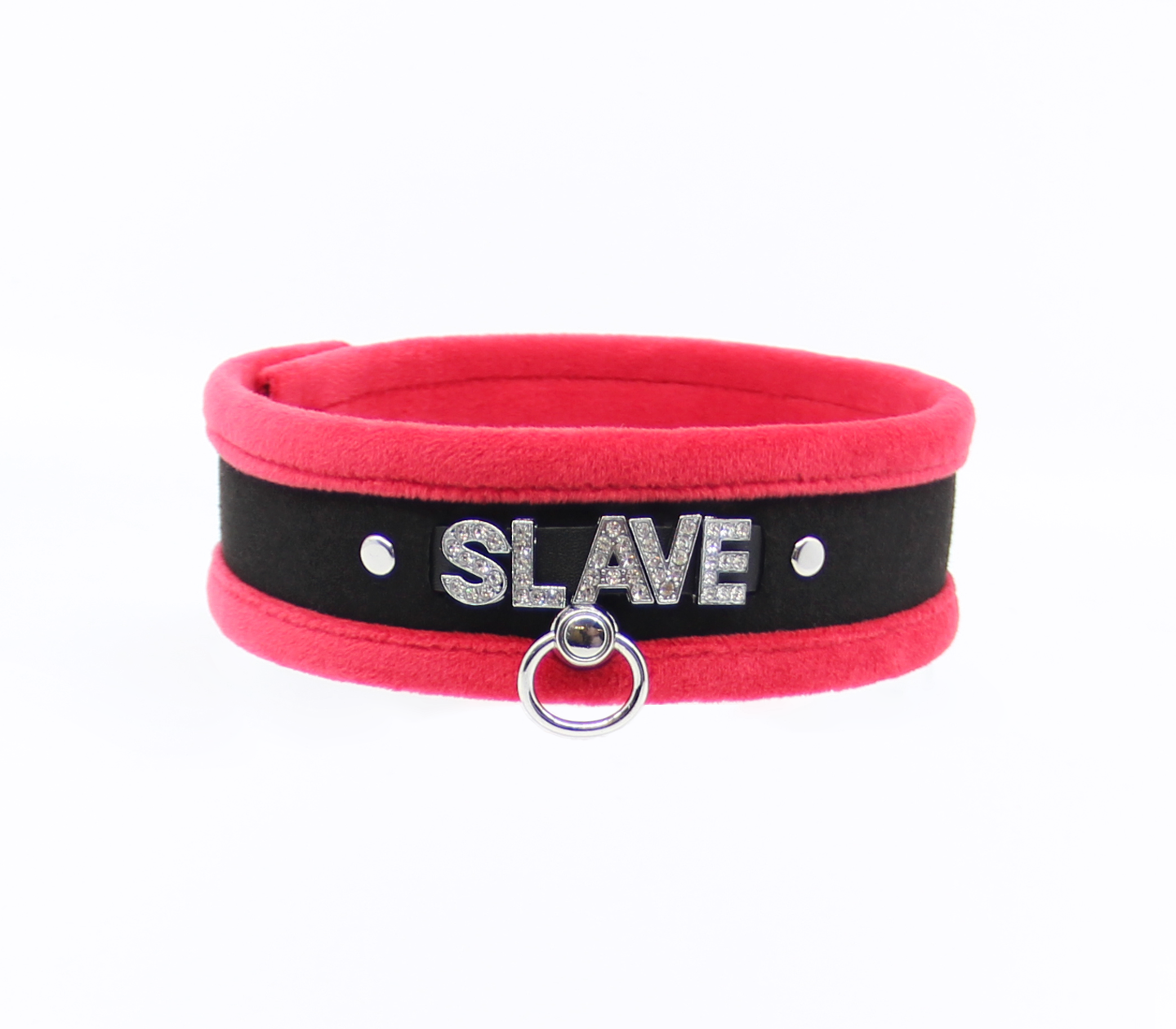 Love in Leather Fluffy Diamante SLAVE Collar Red Black with O Ring