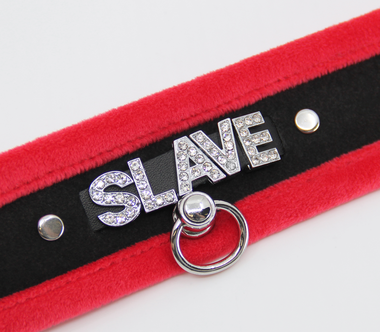 Love in Leather Fluffy Diamante SLAVE Collar Red Black with O Ring