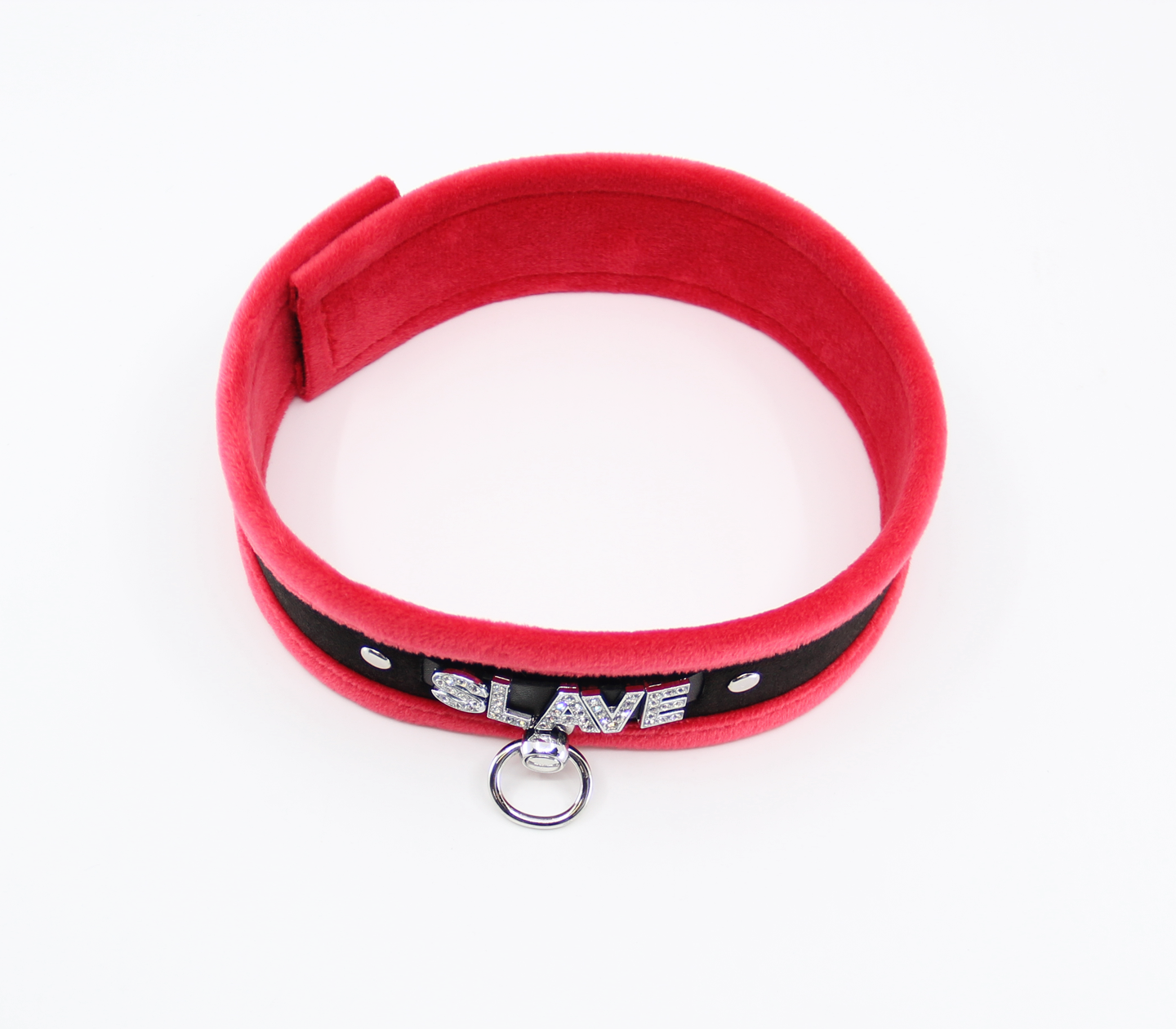Love in Leather Fluffy Diamante SLAVE Collar Red Black with O Ring