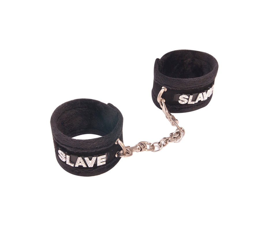 Love in Leather Fluffy Diamante SLAVE Wrist Restraints Black Handcuffs