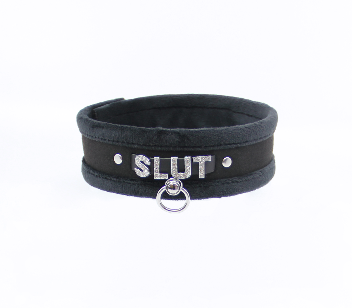 Love in Leather Fluffy Diamante SLUT Collar Black with O Ring