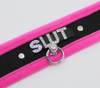 Love in Leather Fluffy Diamante SLUT Collar Pink Black with O Ring