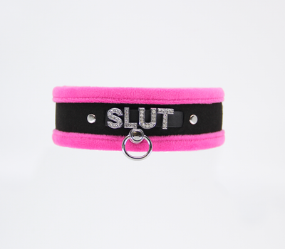 Love in Leather Fluffy Diamante SLUT Collar Pink Black with O Ring