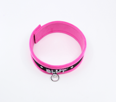 Love in Leather Fluffy Diamante SLUT Collar Pink Black with O Ring