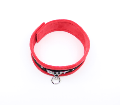 Love in Leather Fluffy Diamante SLUT Collar Red Black with O Ring