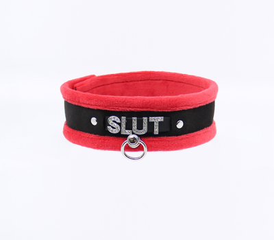 Love in Leather Fluffy Diamante SLUT Collar Red Black with O Ring
