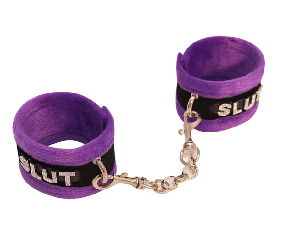 Love in Leather Fluffy Diamante SLUT Wrist Restraints Purple Black Handcuffs