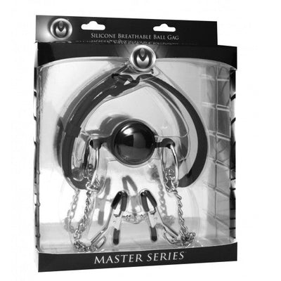 Master Series HINDER SILICONE BREATHABLE BALL GAG + NIPPLE CLAMPS