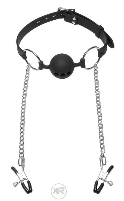 Master Series HINDER SILICONE BREATHABLE BALL GAG + NIPPLE CLAMPS