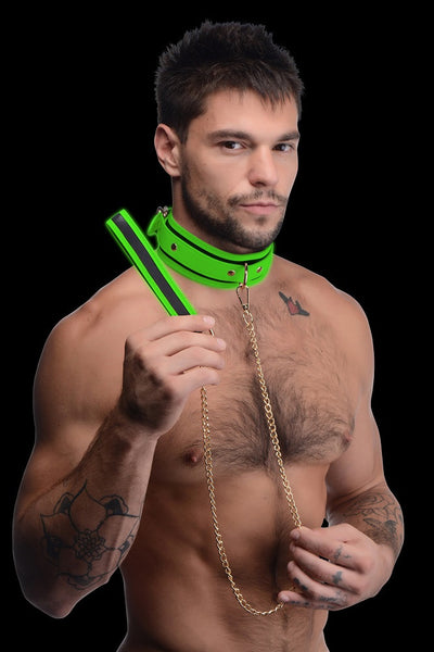 Master Series KINK IN THE DARK GLOWING COLLAR WITH LEASH SET Glow in the Dark Fluoro Green