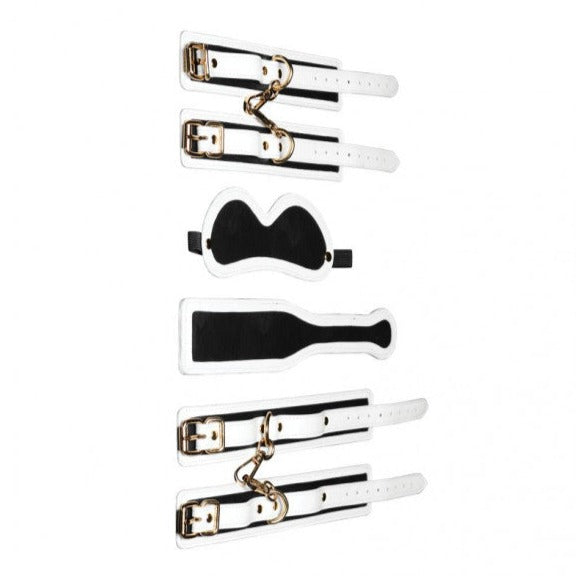 Master Series PU Leather KINK IN THE DARK GLOWING CUFFS BLINDFOLD AND PADDLE BONDAGE KIT Glow in the dark