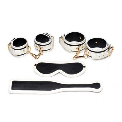 Master Series PU Leather KINK IN THE DARK GLOWING CUFFS BLINDFOLD AND PADDLE BONDAGE KIT Glow in the dark