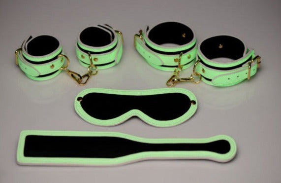 Master Series PU Leather KINK IN THE DARK GLOWING CUFFS BLINDFOLD AND PADDLE BONDAGE KIT Glow in the dark