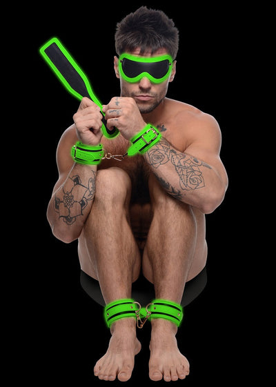 Master Series PU Leather KINK IN THE DARK GLOWING CUFFS BLINDFOLD AND PADDLE BONDAGE KIT Glow in the dark