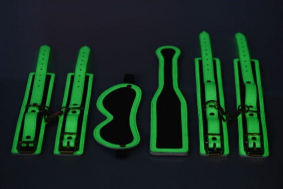 Master Series PU Leather KINK IN THE DARK GLOWING CUFFS BLINDFOLD AND PADDLE BONDAGE KIT Glow in the dark