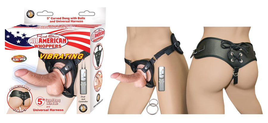 Nasstoys Real Skin All American Whoppers 5 inch Curved Remote Control Vibrating Dildo with Balls includes Strap On Harness