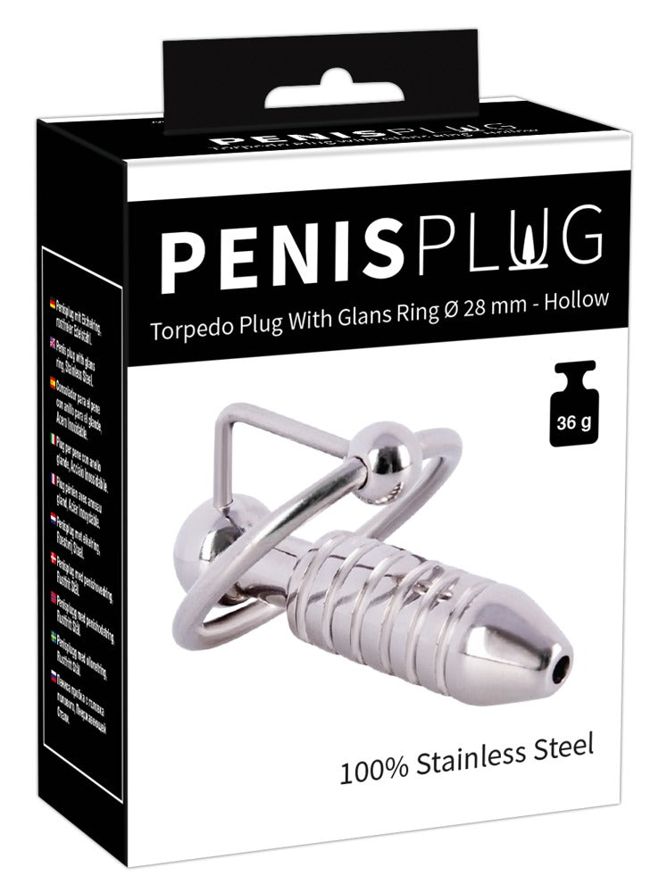 Orion Penis Plug Torpedo Plug with Glans Ring - Hollow Cum Thru Stainless Steel Plug Ø 28mm