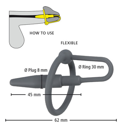 Orion Penis Plug with Glans Ring and Dilator Grey Silicone Penis Plug