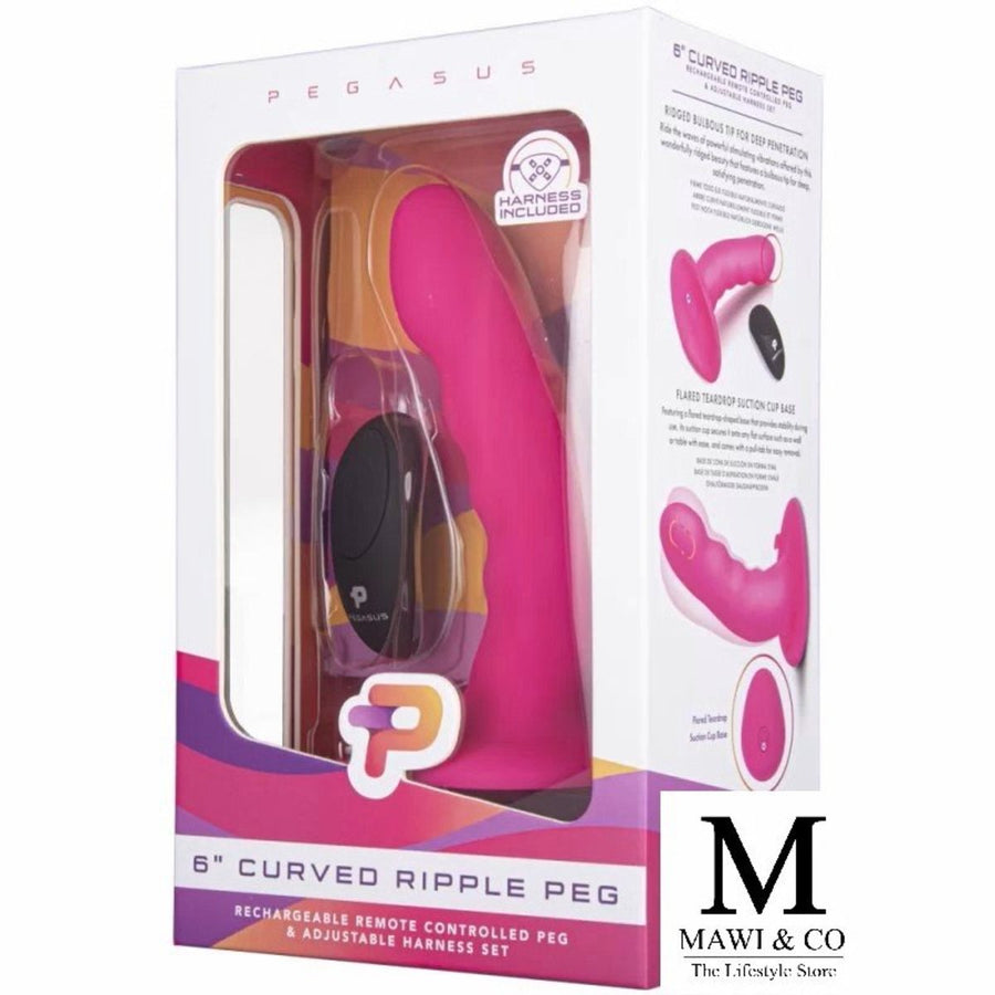 Pegasus 6 inch Curved Realistic Ripple G-Spot P-Spot Peg Rechargeable Remote Controlled Pegging Set includes Adjustable Harness