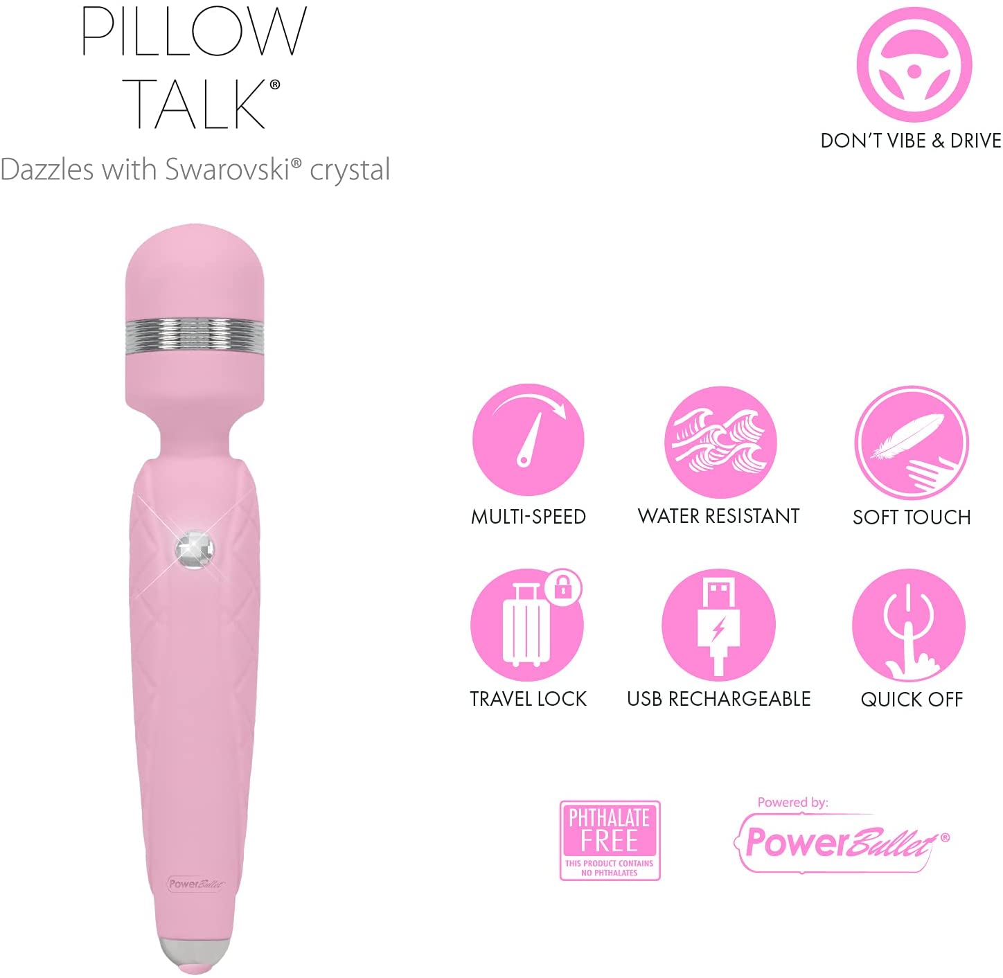 Pillow Talk CHEEKY Rechargeable Powerful Body Wand Massager with Swarovski Crystal