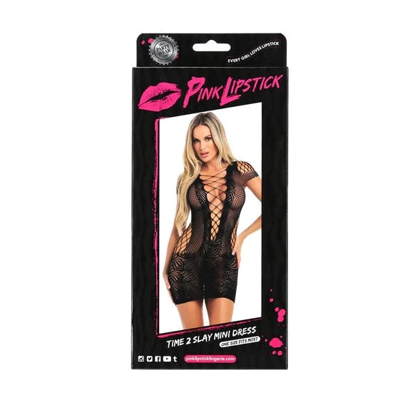 Pink Lipstick Lingerie TIME 2 SLAY Mini Dress Black One Size