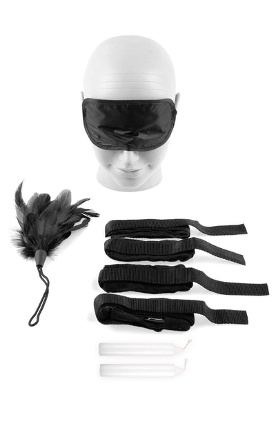 Pipedream Fetish Fantasy Series Beginner's Bondage Kit includes 4 Velvet Cuffs with Tethers + 1 Feather Tickler + 2 Candles