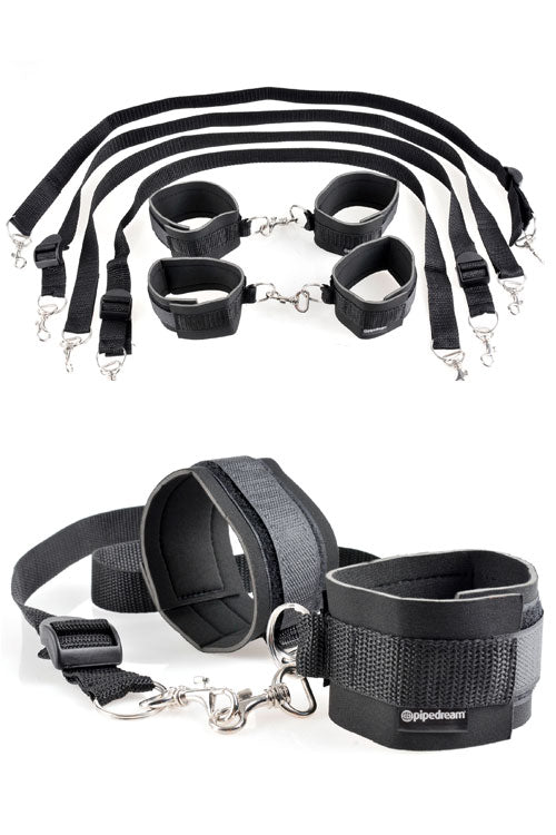Pipedream Fetish Fantasy Series Cuff and Tether Wrist Handcuffs and Ankle Cuffs and Tether Set for Lovers Black