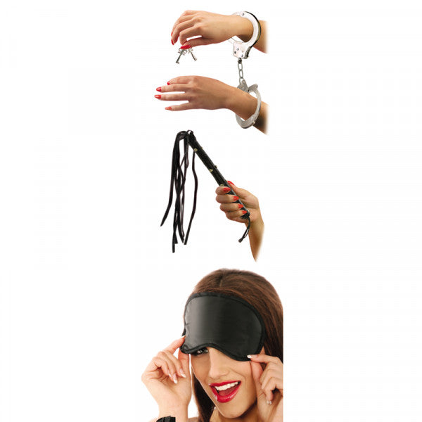 Pipedream Fetish Fantasy Series Lovers Fantasy Kit includes metal handcuffs + leather whip + blindfold for Beginner