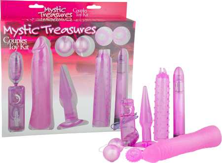 Seven Creations Mystic Treasures His Hers Couples Sensual Kit with a Classic Pink Battery Powered Vibrator