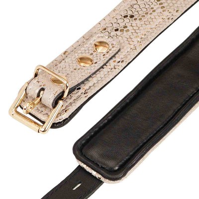Spartacus White SNAKE PRINT Lockable Leather Collar and Leash with Soft Padded Leather and Gold Hardware
