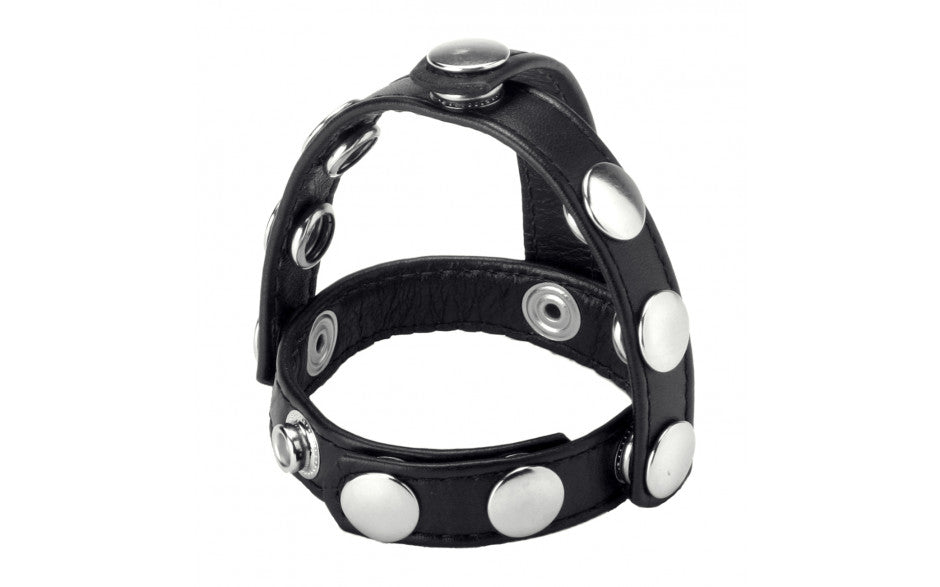 Strict Adjustable PU Leather SNAP-ON COCK AND BALL HARNESS Black Cock Ring Stretcher