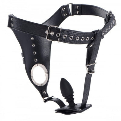 Strict MALE CHASTITY PU LEATHER HARNESS with SILICONE ANAL PLUG
