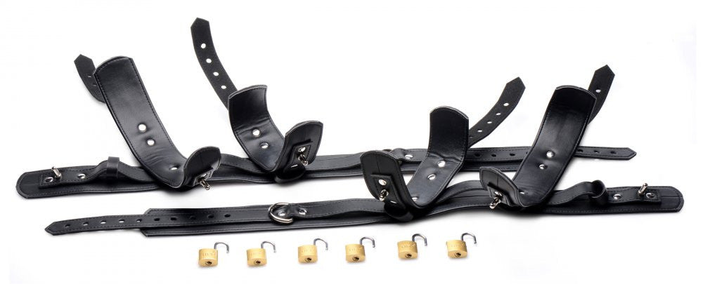Strict PU Leather Unisex FROG TIE RESTRAINT KIT with adjustable and lockable thigh wrist and ankle cuffs Black