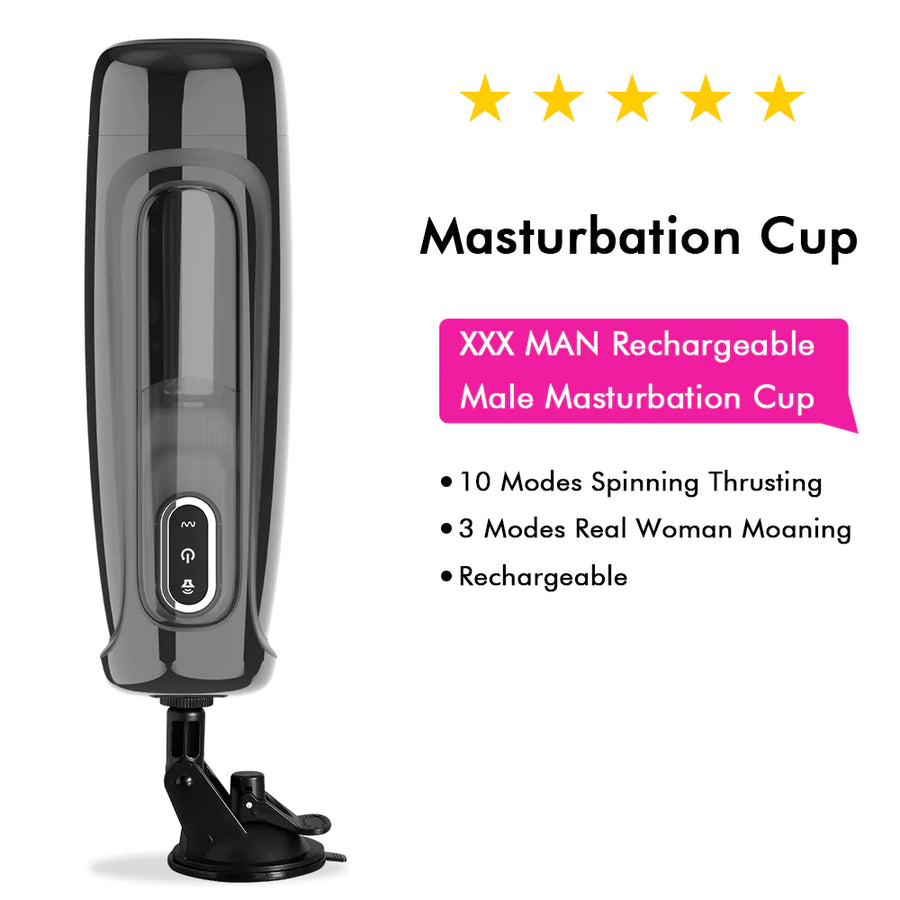 Stroking Pleasure Automatic Thrusting and Rotating Rechargeable Male Masturbator with Suction Cup Mount Base for a Hands Free Experience