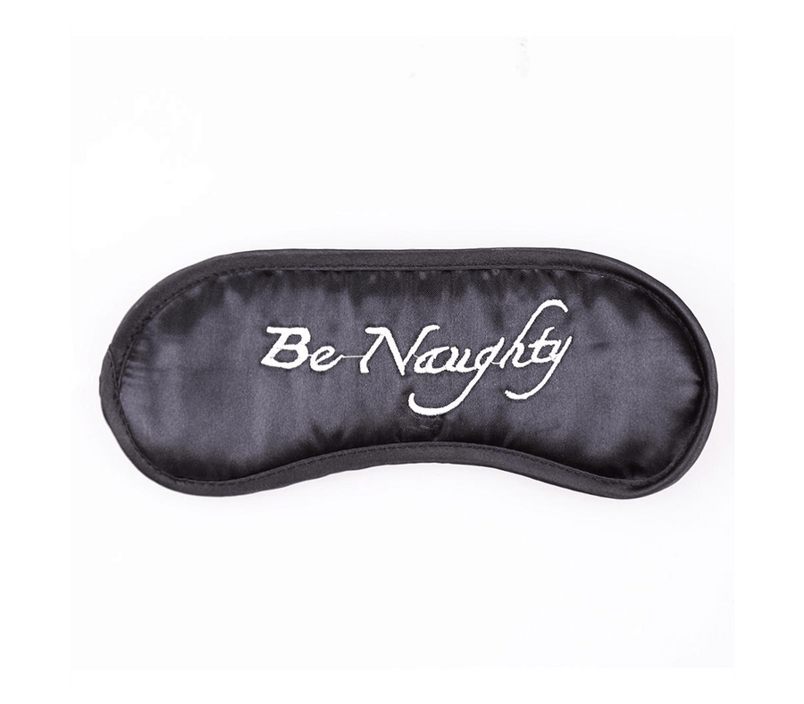 Berlin Baby Black Satin Blindfold with White “Be Naughty” embroidery Eye Mask