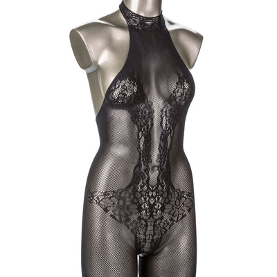 CalExotics Scandal Halter Neck Lace Body Suit Bodystocking with Open Crotch Black One Size