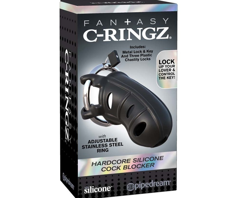 Pipedream Fantasy C Ringz Hardcore Silicone Cock Blocker Cage with Adjustable Stainless Steel Ring Black Cock Cage