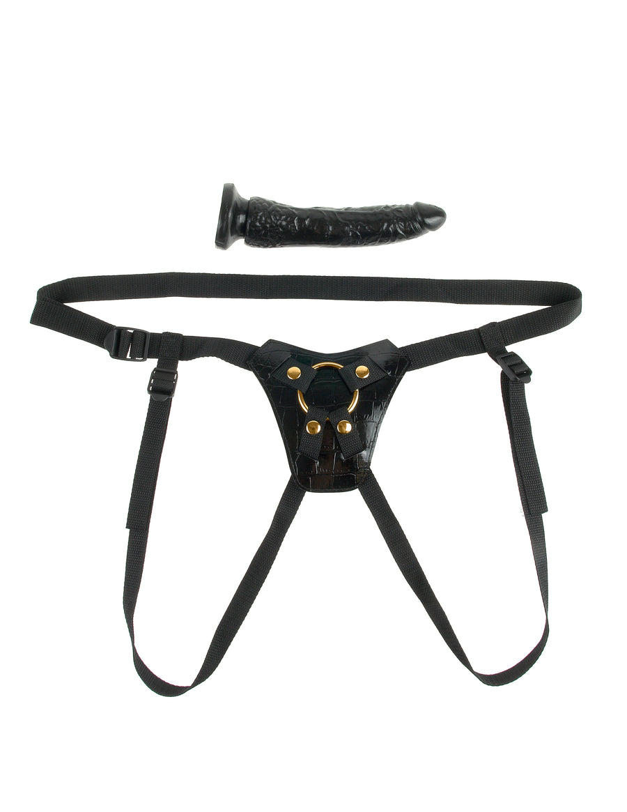 Pipedream Fetish Fantasy Gold Designer Strap on Harness Kit with 7 inch Realistic Dildo Black
