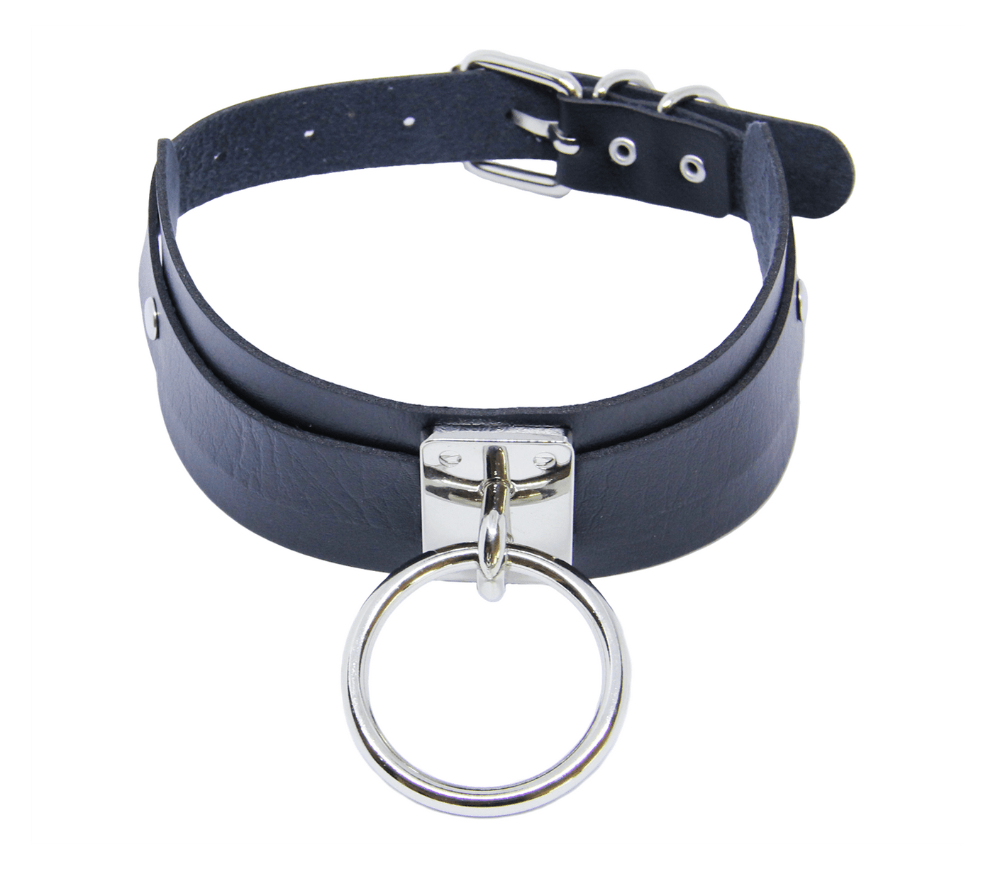 Love in Leather Black Leather Choker Wide Adjustable Collar with Silver Centre O Ring One Size