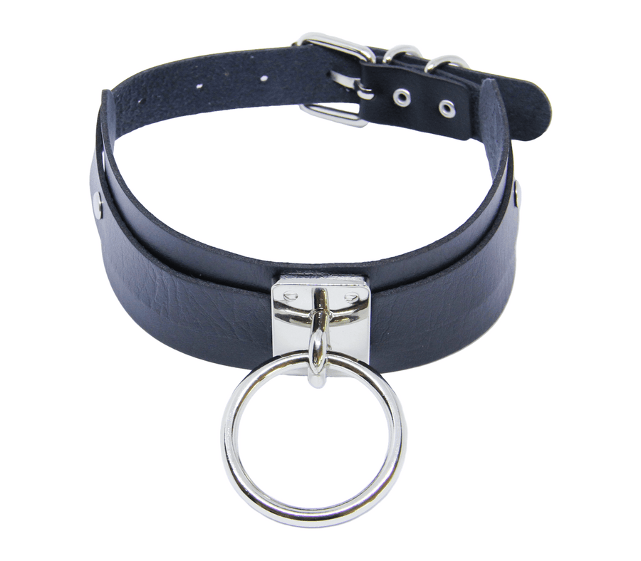 Love in Leather Black Leather Choker Wide Adjustable Collar with Silver Centre O Ring