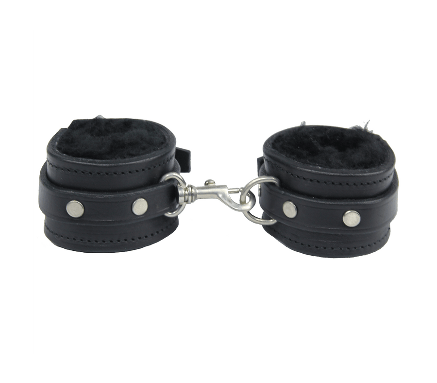 Love in Leather Black Leather Wrist Restraints with Black Pure Sheepskin Lined Handcuffs