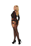 Elegant Moments Sheer and Opaque Long Sleeve Bodystocking with Horizontal Stripes and Open Crotch Black and Red Queen Size