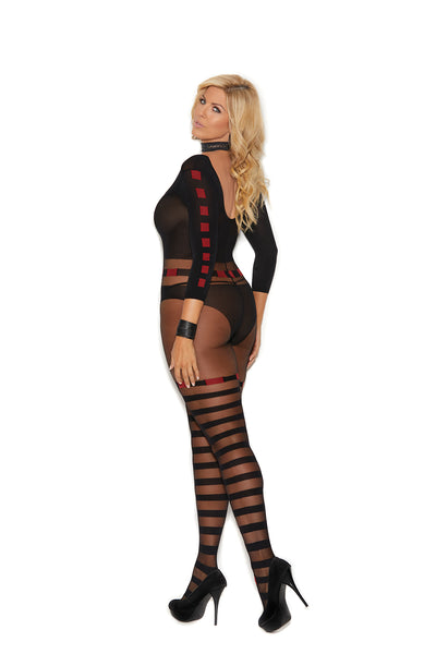 Elegant Moments Sheer and Opaque Long Sleeve Bodystocking with Horizontal Stripes and Open Crotch Black and Red Queen Size