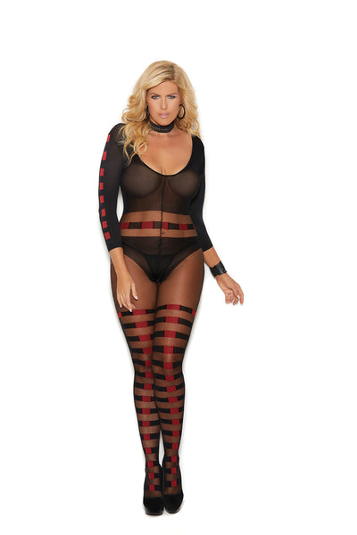 Elegant Moments Sheer and Opaque Long Sleeve Bodystocking with Horizontal Stripes and Open Crotch Black and Red Queen Size