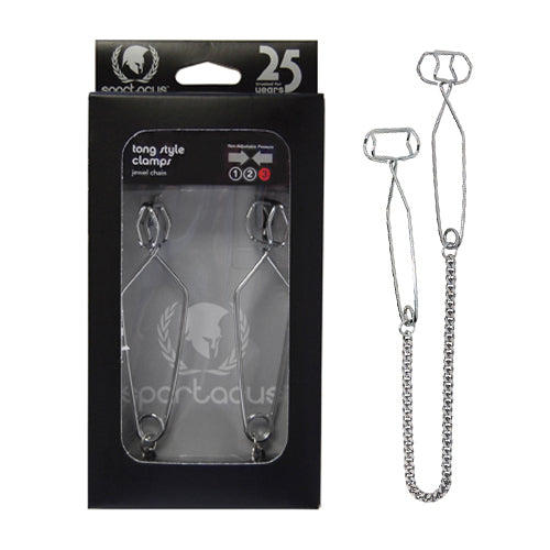 Spartacus Extremeline Tong Style Nipple Clamps with Jewel Chain Silver