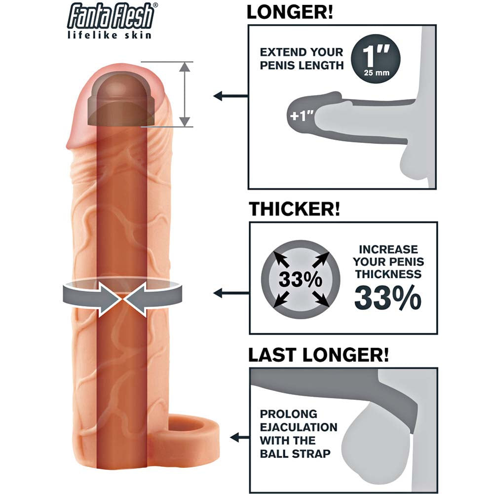 Pipedream Fantasy X-Tensions Perfect 1 inch Fanta Flesh Extension Penis Extension Sleeve with Ball Strap